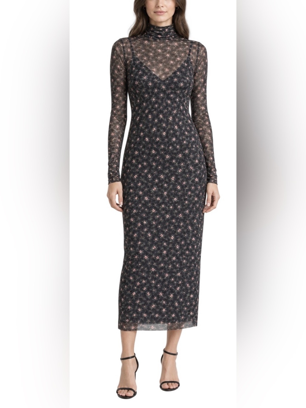AFRM Black Pink Floral Sheer Mesh Turtleneck Midi Dress Small